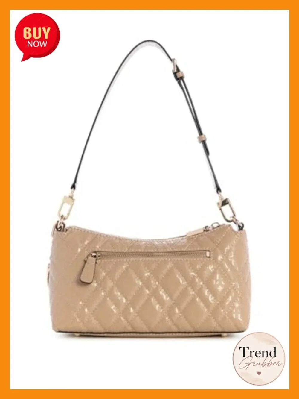 Satchel Shoulder Bag with Removable Charm - Zip & Slip Pockets, Shiny Gold